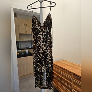 Sexy Animal Print Satin Midi Dress with Cut Out